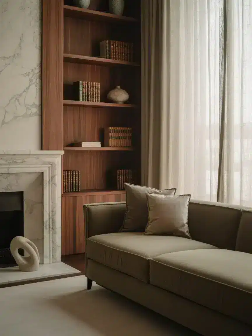Living room with marble fireplace and custom joinery