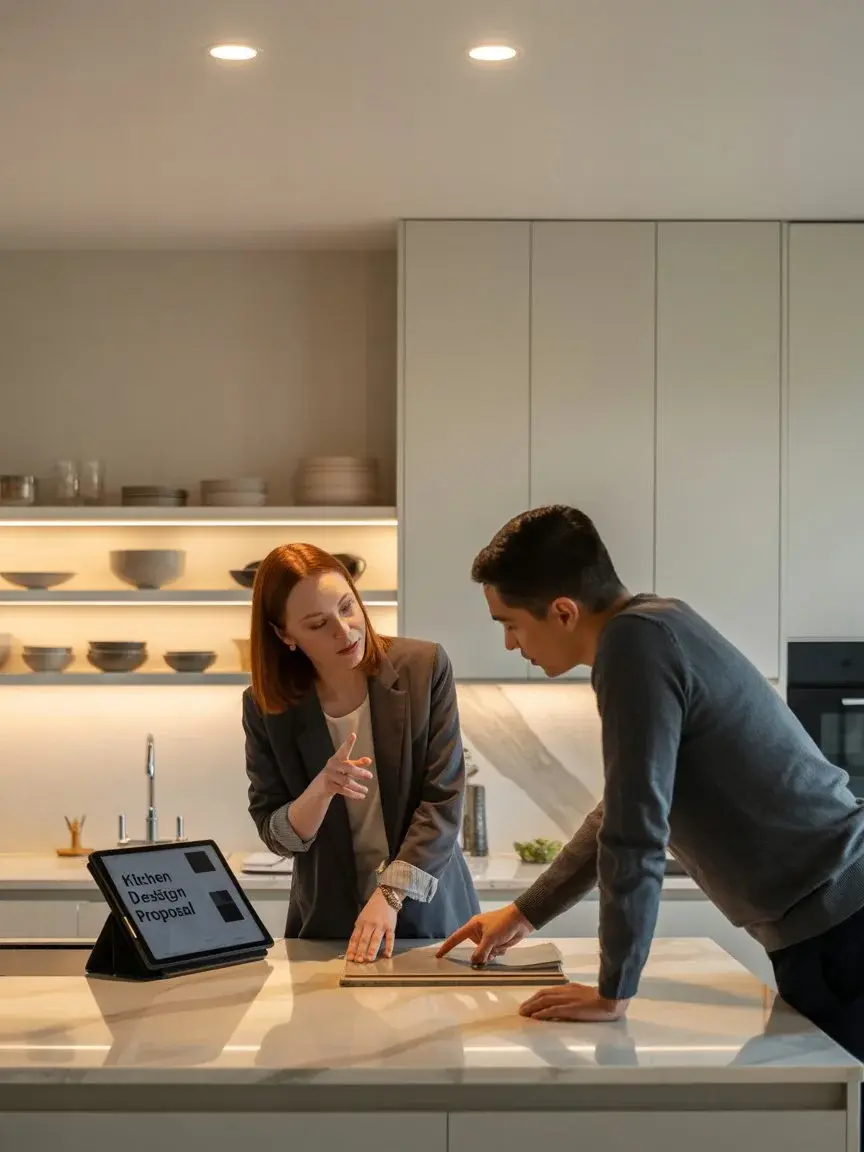 Interior designers presenting a kitchen proposal to a client